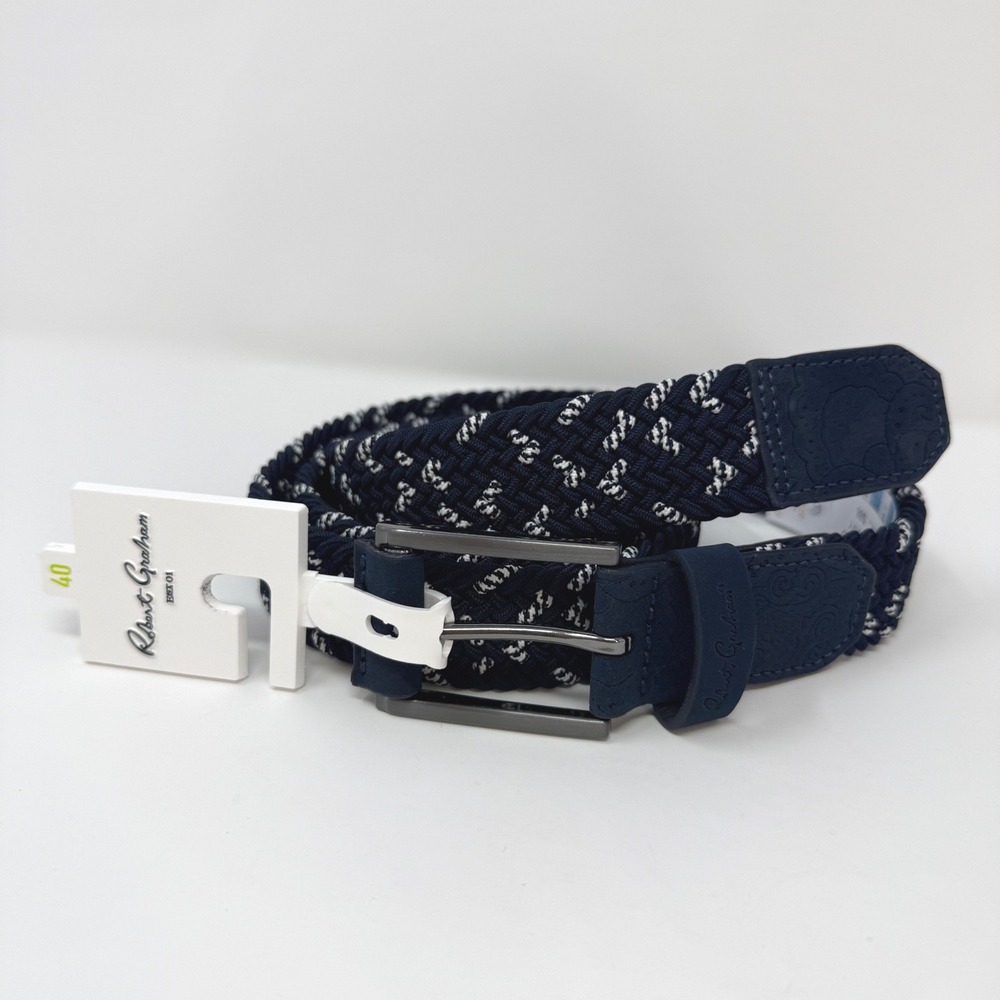 Robert Graham Jacob Belt Mens 40 Navy White Woven Braided Leather RG306072 NEW